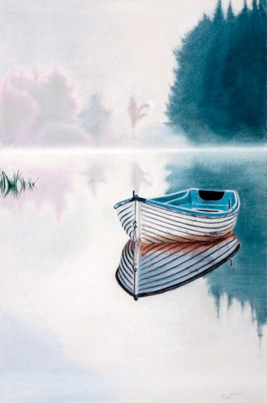 Peinture intitulée "Barque(s) à l'aube" par Fred Mahieu, Œuvre d'art originale, Pastel