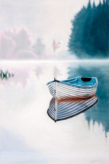 Painting titled "Barque(s) à l'aube" by Fred Mahieu, Original Artwork, Pastel