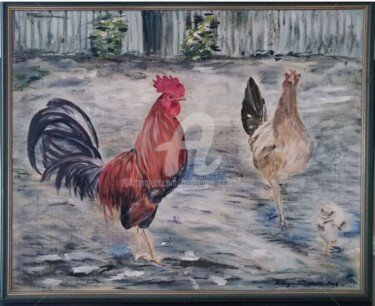 Painting titled "Coq--poule et-pouss…" by Frederique Colombelle, Original Artwork, Acrylic