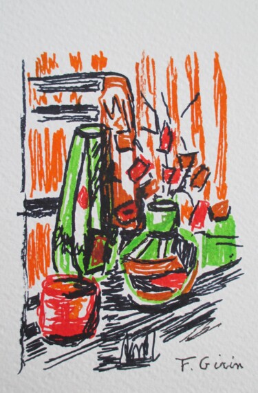 Рисунок под названием "Le vase #artistsupp…" - Frédérique Girin, Подлинное произведение искусства, Чернила Установлен на Дер…