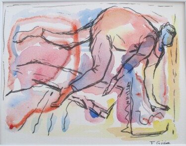 Painting titled "Exercices physiques…" by Frédérique Girin, Original Artwork, Watercolor Mounted on Wood Panel