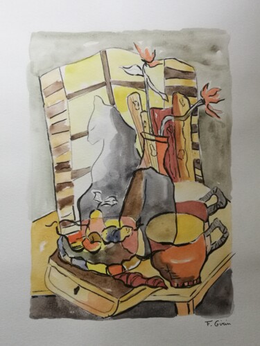 Painting titled "Le temple d'Hamarkh…" by Frédérique Girin, Original Artwork, Watercolor Mounted on Wood Panel
