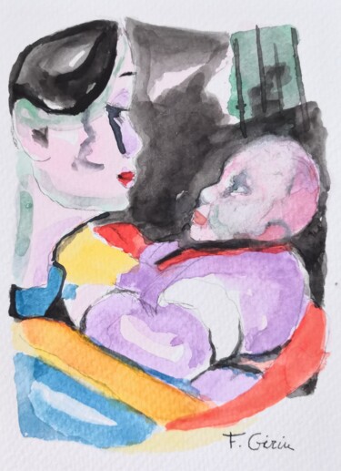 Schilderij getiteld "Mère et son enfant…" door Frédérique Girin, Origineel Kunstwerk, Aquarel Gemonteerd op Glas