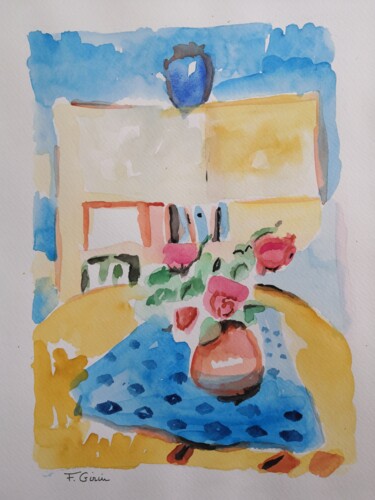 Painting titled "Intérieur II #artis…" by Frédérique Girin, Original Artwork, Watercolor Mounted on Glass