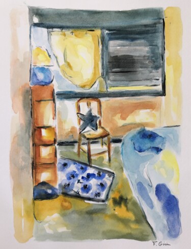 Painting titled "Intérieur V #artist…" by Frédérique Girin, Original Artwork, Watercolor Mounted on Glass