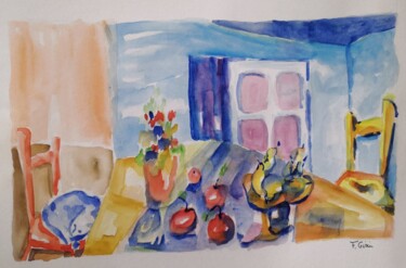 Painting titled "Intérieur IV #artis…" by Frédérique Girin, Original Artwork, Watercolor Mounted on Glass