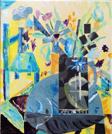 Pintura intitulada "chat bleu qui dort" por Frédérique Girin, Obras de arte originais, Acrílico