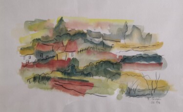 Painting titled "Campagne" by Frédérique Girin, Original Artwork, Watercolor Mounted on Glass