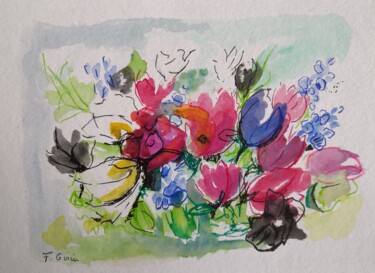 Painting titled "Brassée de fleurs" by Frédérique Girin, Original Artwork, Watercolor Mounted on Glass