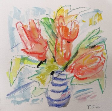 Painting titled "Tulipes" by Frédérique Girin, Original Artwork, Watercolor Mounted on Plexiglass