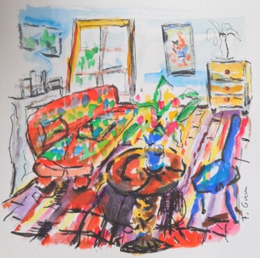 Pintura intitulada "canapé rouge- chais…" por Frédérique Girin, Obras de arte originais, Aquarela Montado em Painel de madei…