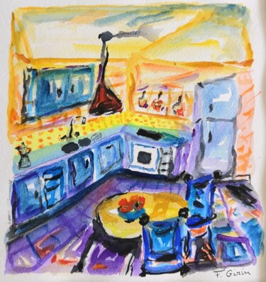 Painting titled "La cuisine s'étire…" by Frédérique Girin, Original Artwork, Watercolor Mounted on Wood Panel
