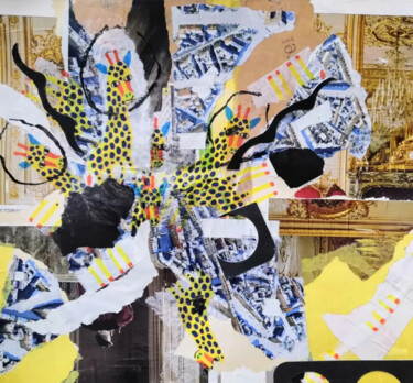 Collagen mit dem Titel "Bouquet de Girafes" von Frédérique Girin, Original-Kunstwerk, Collagen Auf Holzplatte montiert