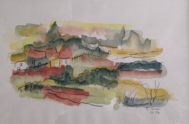 Painting titled "la campagne" by Frédérique Girin, Original Artwork, Watercolor Mounted on Glass