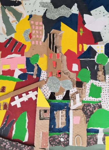 Collages intitulée "Au coeur du village" par Frédérique Girin, Œuvre d'art originale, Collages Monté sur Carton