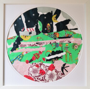 Collages titled "Sous la lune verte" by Frédérique Girin, Original Artwork, Collages Mounted on Wood Stretcher frame