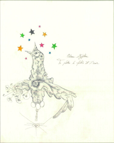 Drawing titled "Oiseau-mystère (la…" by Frédérique Lanquetin, Original Artwork, Pencil