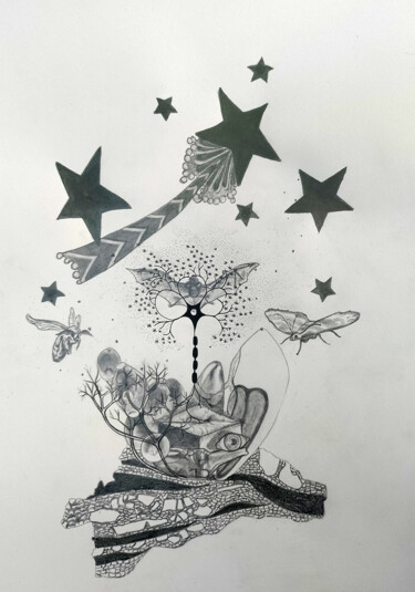 Dessin intitulée "Sous un ciel étoilé…" par Frédérique Lanquetin, Œuvre d'art originale, Crayon