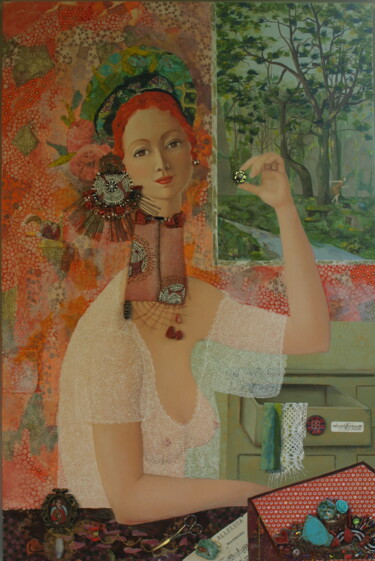 Schilderij getiteld "La Dame Aux Bijoux" door Frédérique Lecoq, Origineel Kunstwerk, Acryl Gemonteerd op Frame voor houten b…