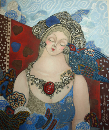 Painting titled "La Dame et l'Oiseau" by Frédérique Lecoq, Original Artwork, Acrylic