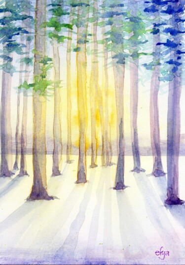 Painting titled "Forêt enneigée" by Frederique Loudin, Original Artwork, Watercolor