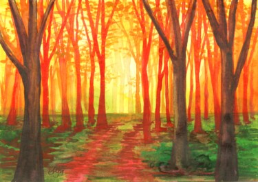 Pintura intitulada "Forêt fauve VI" por Frederique Loudin, Obras de arte originais, Aquarela