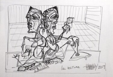 Drawing titled ""La lecture 2019"" by Frédérique Manley, Original Artwork, Ink