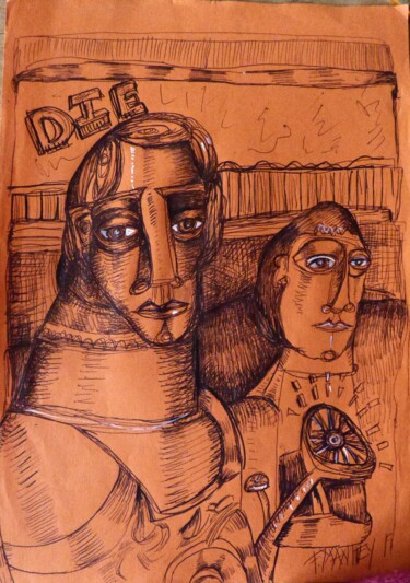 Tekening getiteld ""Die in 2019"" door Frédérique Manley, Origineel Kunstwerk, Marker