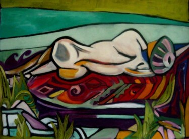Peinture intitulée "femme allongée au b…" par Frédérique Manley, Œuvre d'art originale, Huile