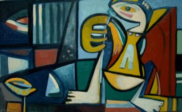 Peinture intitulée ""ovni,femme et fleu…" par Frédérique Manley, Œuvre d'art originale, Huile