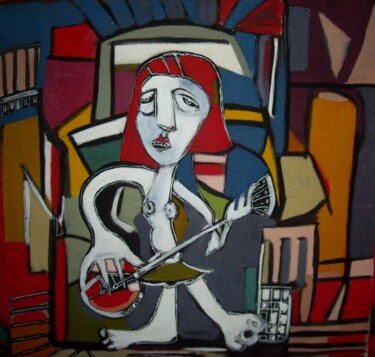 Painting titled ""18H ,la guitariste"" by Frédérique Manley, Original Artwork, Oil