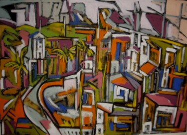 Malerei mit dem Titel ""village de l'arriè…" von Frédérique Manley, Original-Kunstwerk, Öl