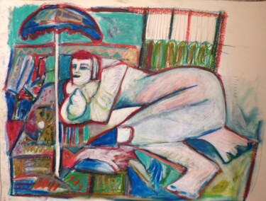 Dessin intitulée ""Femme et parasol"…" par Frédérique Manley, Œuvre d'art originale, Pastel