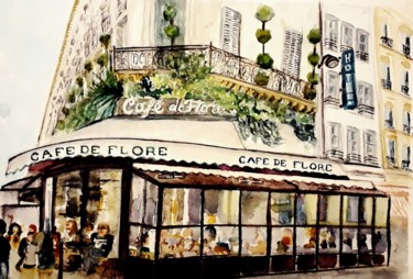 Painting titled "Café de Flore" by Freeneuron, Original Artwork, Watercolor