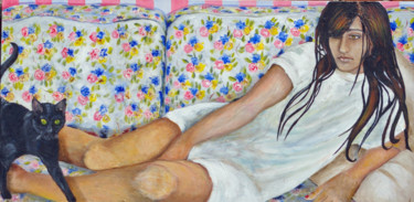 Painting titled "Jeune fille au chat…" by Frédérique Huet, Original Artwork, Acrylic