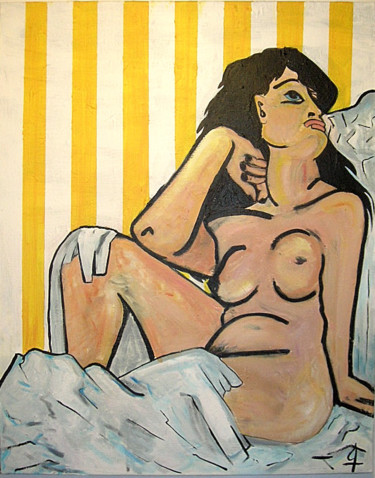 Malerei mit dem Titel "Nu aux bandes jaune…" von Frédérique Huet, Original-Kunstwerk, Acryl