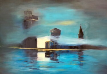 Painting titled "Brume sur le port d…" by Frédérique Bernier, Original Artwork, Oil