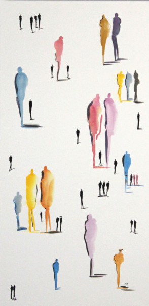 Peinture intitulée "Silhouettes colorée" par Frédérique Marteau, Œuvre d'art originale, Encre