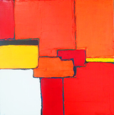 Schilderij getiteld "Composition rouge" door Frédérique Marteau, Origineel Kunstwerk, Olie Gemonteerd op Frame voor houten b…