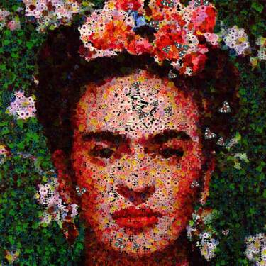 Arts numériques intitulée "Frida aux fleurs (A…" par Frédéric Durieu & Nathalie Erin, Œuvre d'art originale, Travail numériq…