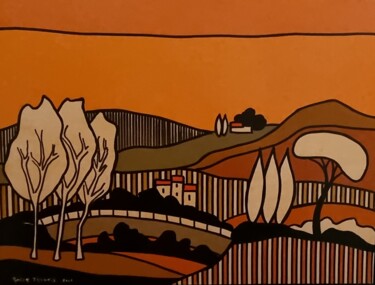 Painting titled "Village automnal" by Freneix Roger, Original Artwork, Acrylic Mounted on Wood Stretcher frame