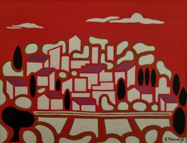 「Village du Sud」というタイトルの絵画 Freneix Rogerによって, オリジナルのアートワーク, アクリル ウッドストレッチャーフレームにマウント
