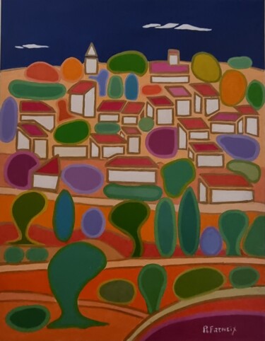 Painting titled "Village ensoleillé" by Freneix Roger, Original Artwork, Acrylic Mounted on Wood Stretcher frame