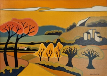 Painting titled "Paysage d'Automne" by Freneix Roger, Original Artwork, Acrylic Mounted on Wood Stretcher frame