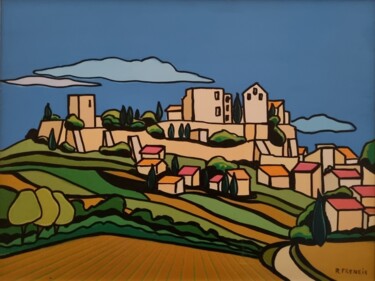 Painting titled "Village fortifié" by Freneix Roger, Original Artwork, Acrylic Mounted on Wood Stretcher frame
