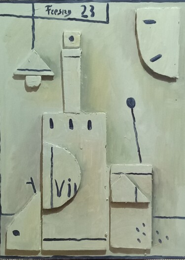 Painting titled "Construcción en rel…" by Fresno, Original Artwork, Oil Mounted on Wood Panel