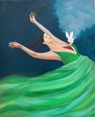 Peinture intitulée "L'envol de la pomme…" par Frida Narin, Œuvre d'art originale, Huile