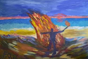 Malerei mit dem Titel ""Strandfeuer"" von Friedemann Ohms, Original-Kunstwerk, Acryl