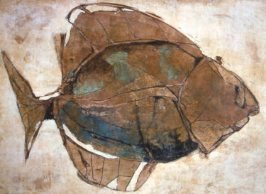 Malerei mit dem Titel "Fisch" von Friedrich Stellmach, Original-Kunstwerk, Pigmente Auf Holzplatte montiert