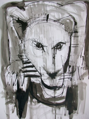 Painting titled "Bestiaire - Lionne" by Manu Frigerio, Original Artwork, Ink